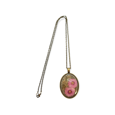 Necklace bronze oval purple flowers1